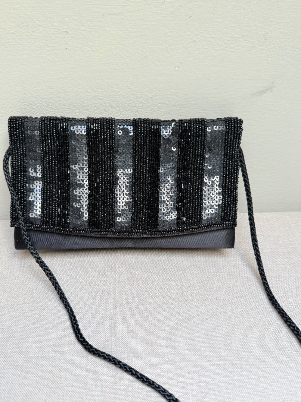 Black Satin and Sequins Evening Bag Purse Formal Prom Wedding
